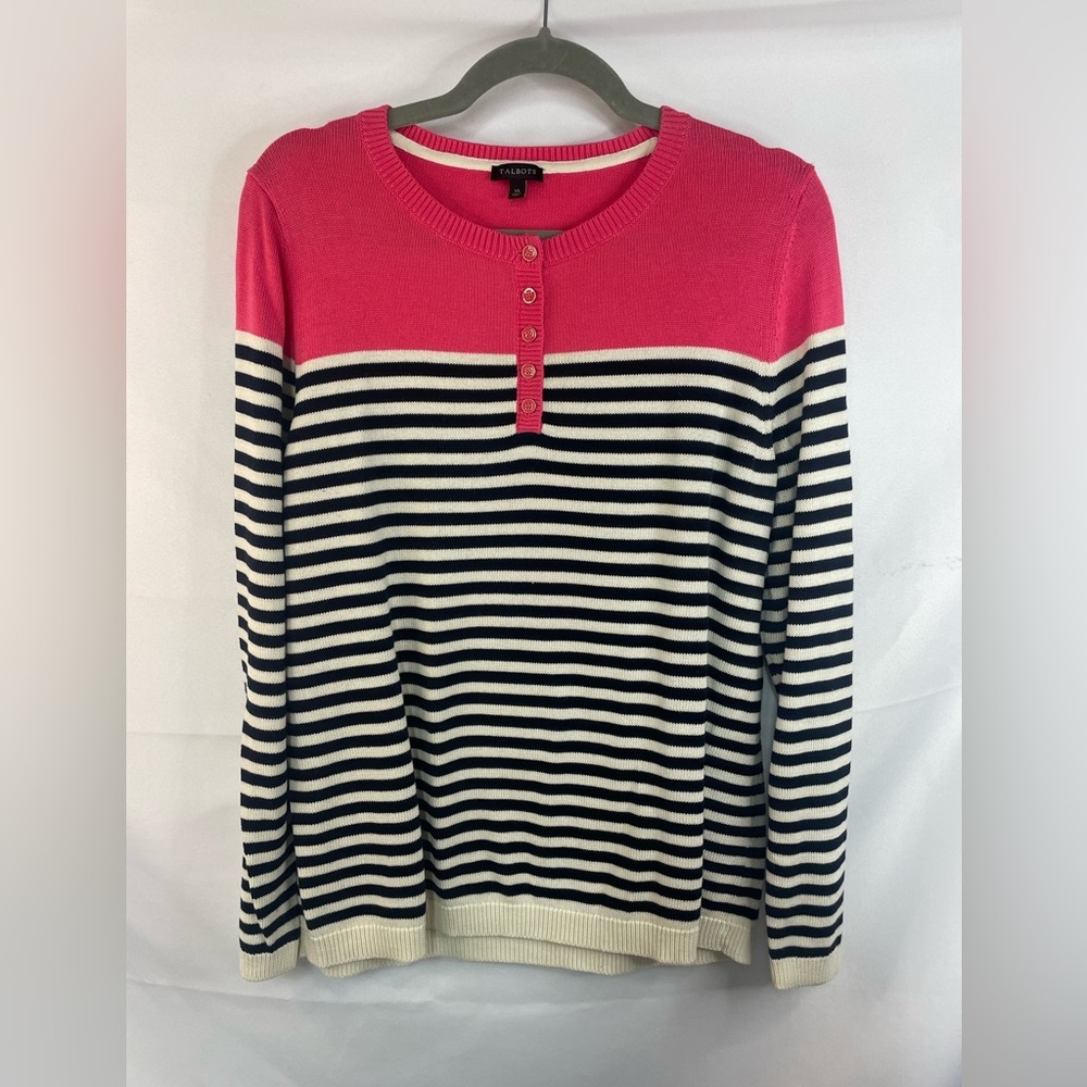 Talbots 100% cotton pink and stripped pull on sweater. Gold accents on buttons